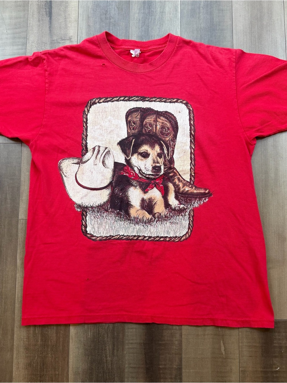 Vintage 90s Western Puppy Dog Cowboy Single Stitch Graphic Shirt Size Medium